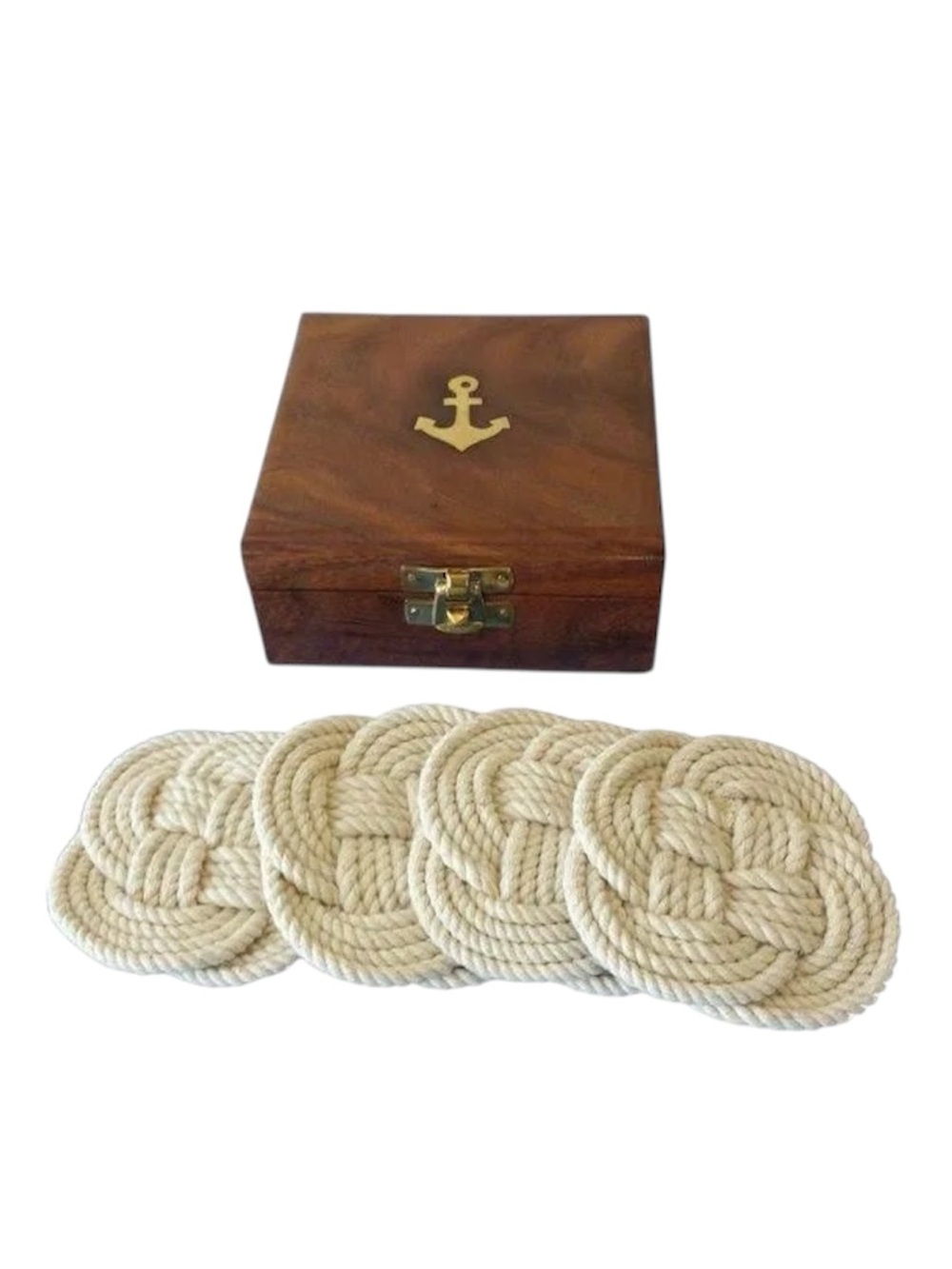 NEW Set of 4 Rope Coasters w/ Anchor Box Nautical Home Decor Bar Accessories